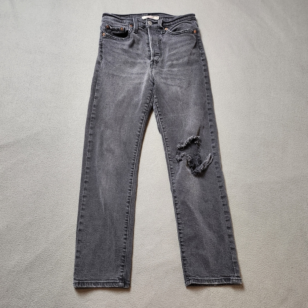Levis Wedgie Straight Button Fly High Rise Premium Jeans Gray Black Wash Size 27